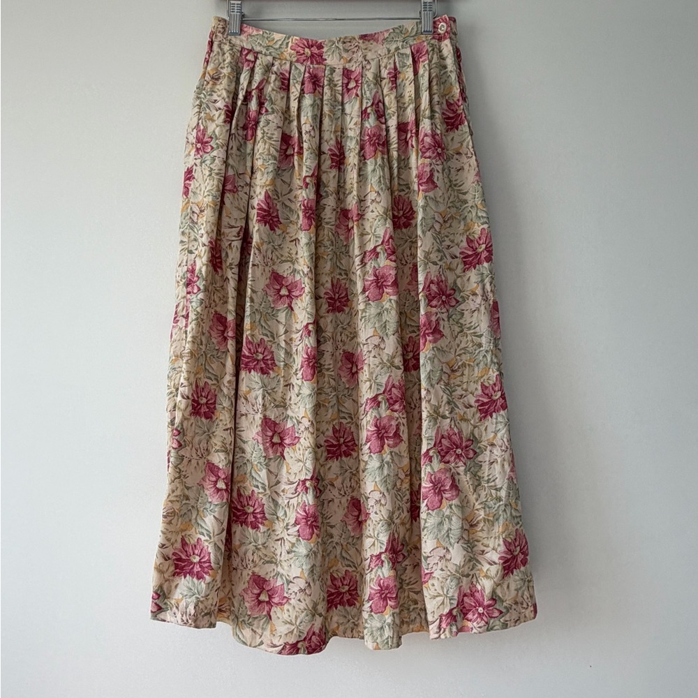 Vintage Floral Rayon Pleated Midi Skirt